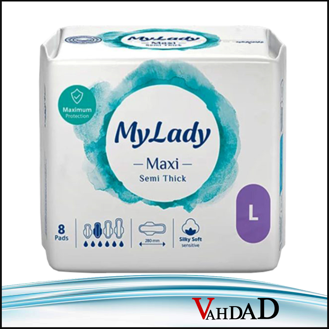 نوار مکسی مسافرتی نیمه ضخیم ساده سایز L تعداد 8 عددی مای لیدی خرید نوار بهداشتی مسافرتی مکسی مای لیدی